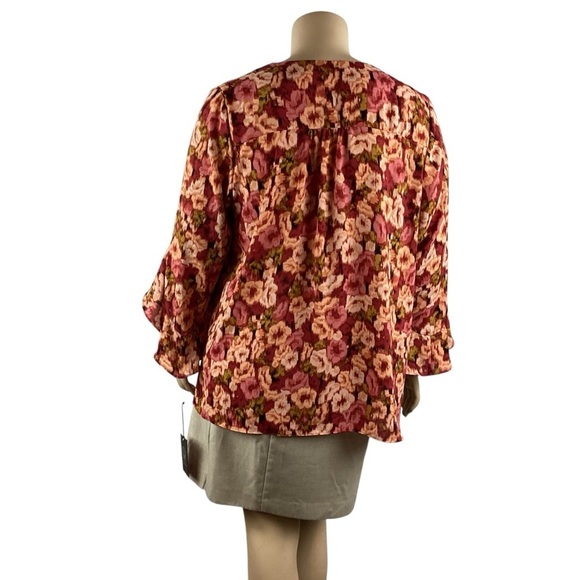 Vince Camuto 2X Rose Clay Floral Blouse Bell Sleeve Chiffon V-Neck Pink Red - Picture 5 of 7